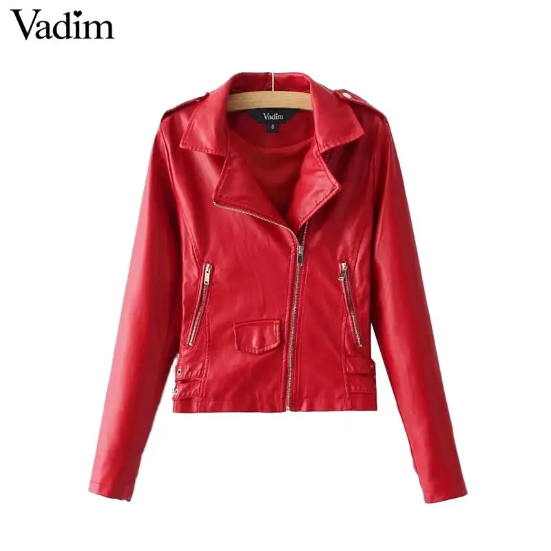 

Vadim women baisc PU leather motorcycle jacket candy colors casual solid coat zipper pockets outerwear chic tops CT1597