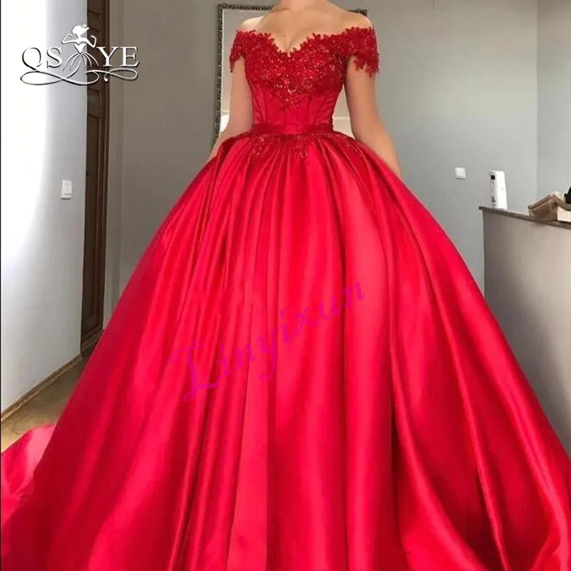 

QSYYE 2019 Red Long Prom Dresses Off Shoulder V Neck Appliques Beading Satin Elegant Formal Evening Dress Party Gown