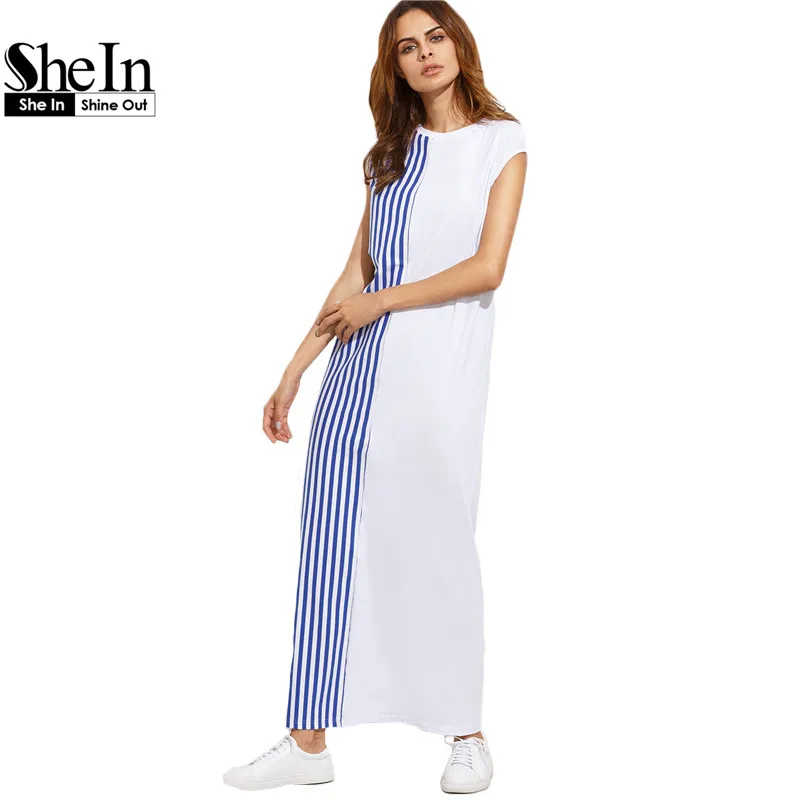 casual round neck striped shift dress