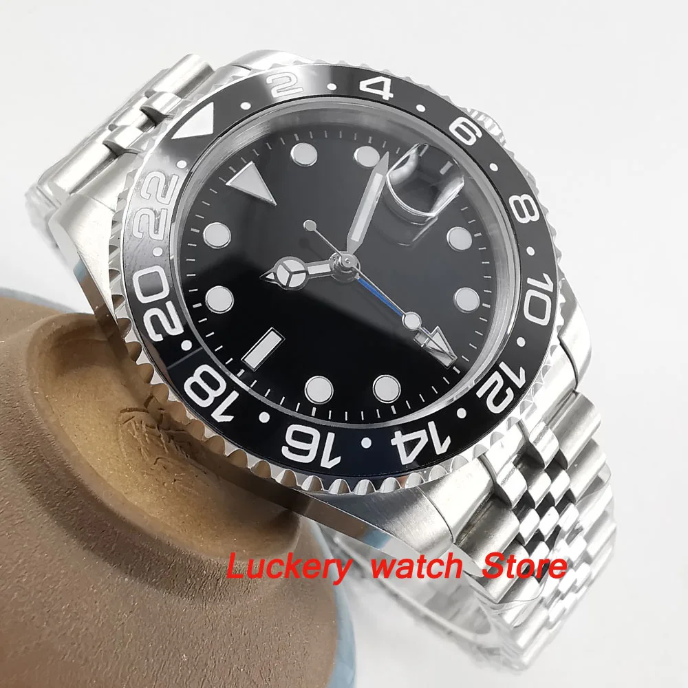 

40mm Parnis Black Ceramic Bezel black dial blue GMT hands luminous marks sapphire glass automatic Mens Watch-PA61