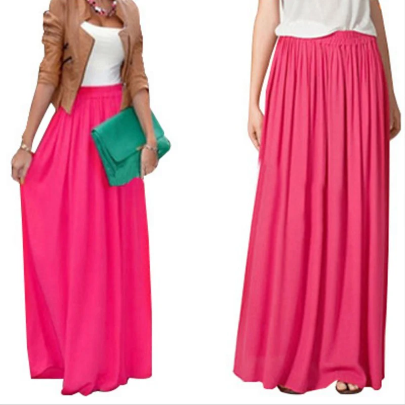 

2017 New Women Brand High Quality Chiffon Long Skirts Breathable Solid Color Pleated Boho Maxi Elegant Beach Skirts Faldas Saia