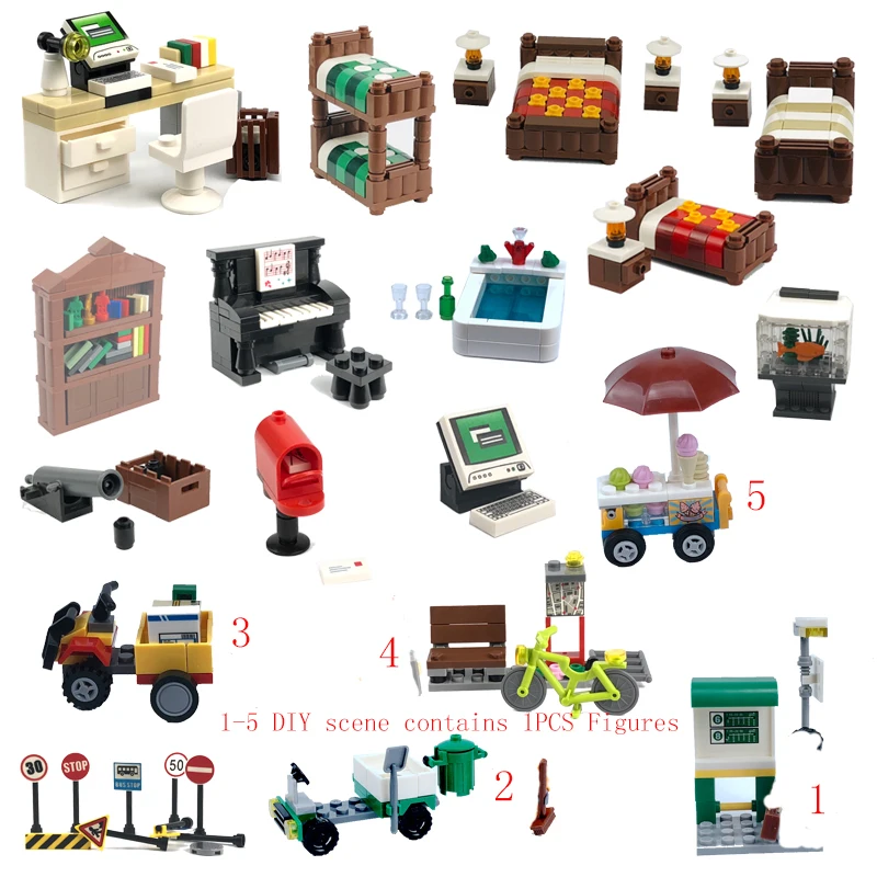 Legoing City MOC sofa bed computer desk and chair counter lamp garbage truck traffic sign ice cream car DIY set Kid Toy Legoings