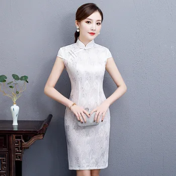 

White Lace Embroidery Vintage Ladies Chinese Traditional Slim Qipao Classic Mandarin Collar Stage Show Elegant Female Cheongsam