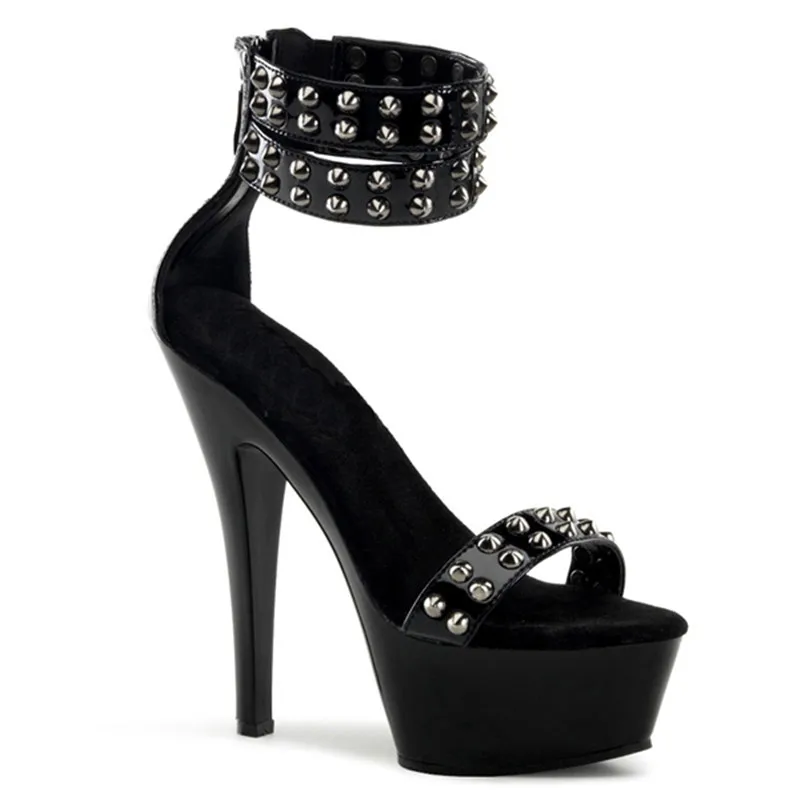 

The latest sexy black riveting, high platform, polyurethane 15cm high heels, pole dancing/dinner and dancing shoes