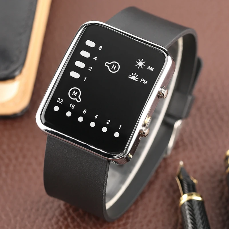 

LED Binary Watch Blue Backlight Fashion Men Women Digital Wristwatch Soft Black Silicone Band Sport Watches Clock
