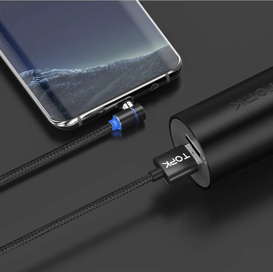 TOPK L-Line 1 м 2 м 90 градусов L Тип Магнитный кабель Micro USB кабель и usb type C светодиодный магнитный Кабель зарядного устройства для iPhone X 8 7 6