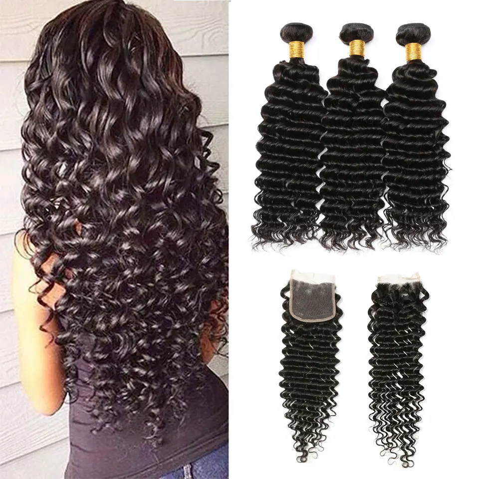 3 Bundles Deep Wave Hair Bundles With Closure Natural Black Color 8 28