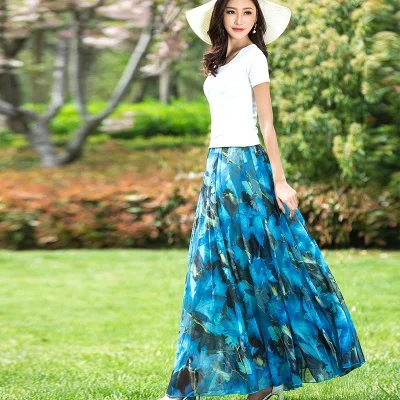 Сделанная на заказ летняя стильная Высококачественная шифоновая юбка с принтом для женщин, большие размеры, богемные синие макси длинные юбки