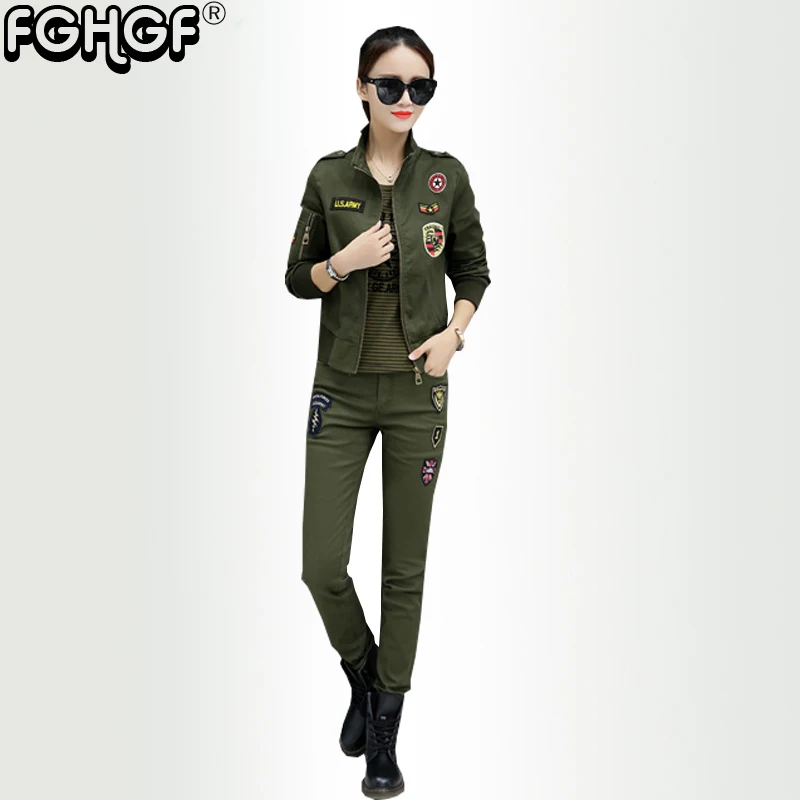 

Camouflage 3 piece set Women o-neck T Shirt & pants Ladies Casual & fashion cotton Embroidery jacket set y501