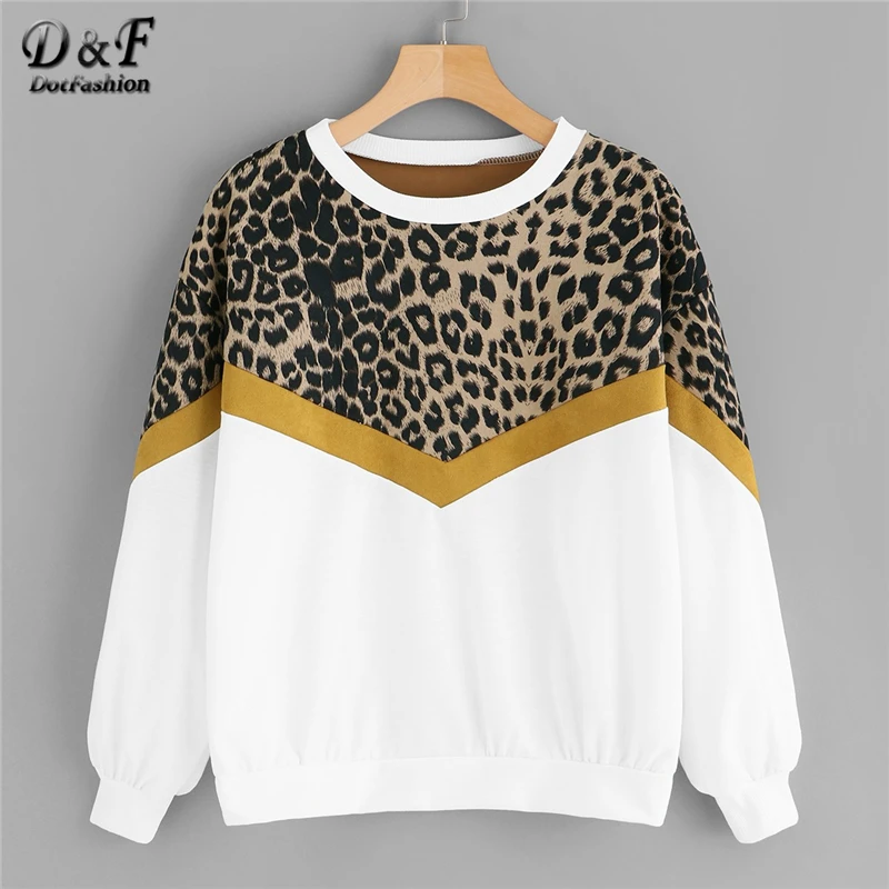 

Dotfashion White Leopard Panel Drop Shoulder Sweatshirt Womens Clothes Autumn Casual 2019 Long Sleeve Women Colorblock Pullovers