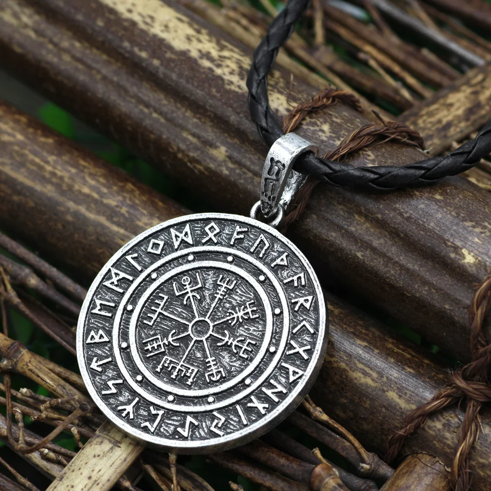 Символ Одина Рунический амулет Vegvisir компас Северный талисман ожерелье с кулоном, с двойным Боком с подарочной сумкой - Окраска металла: leather1