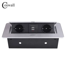 COSWALL, пластина из цинкового сплава 16А, медленное всплывающее устройство, 2 гнезда для ЕС, двойной порт USB для зарядки, 2.1A, офисный стол, настольная розетка, черная стальная коробка