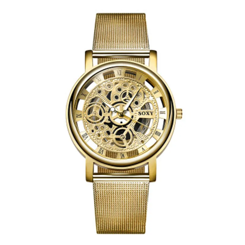 Лидирующий бренд, полые часы с ремешком-сеткой из серебристого и золотого сплава, кварцевые наручные часы для влюбленных, модные мужские и женские наручные часы, часы Relogios - Цвет: Gold