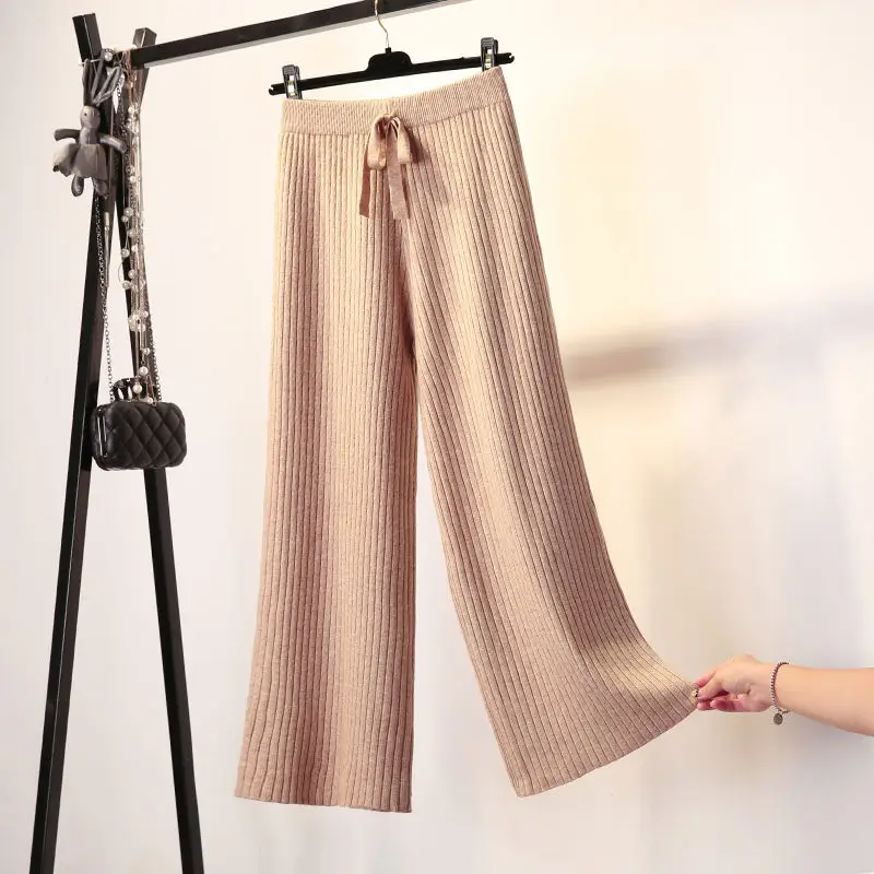 Модные осенние зимние трикотажные широкие брюки женские корейские свободные с высокой талией повседневные Прямые брюки длиной до щиколотки