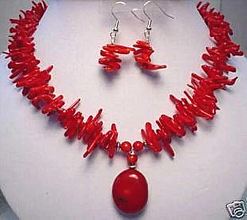 

hot sell new - shippingRare asia Jewelry RED coral Branch and Pendant bead Necklace&earring (A0425)