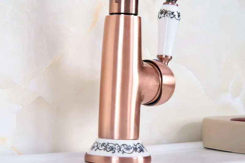 Antique Red Copper Brass Ceramic Base & Handle Bathroom Kitchen Basin Sink Faucet Mixer Tap Swivel Spout Deck Mounted mnf623