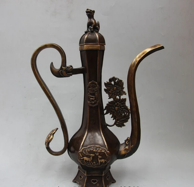 

wholesale factory 19" Marked Chinese Bronze Deer Beast Lion Dragon handle Wine Tea Pot Flagon