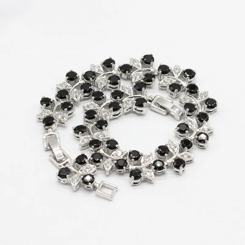 Новые круглые черные камни серебряного цвета Ювелирные наборы для женщин серьги-гвоздики браслет кольца ожерелье кулон подарочная коробка