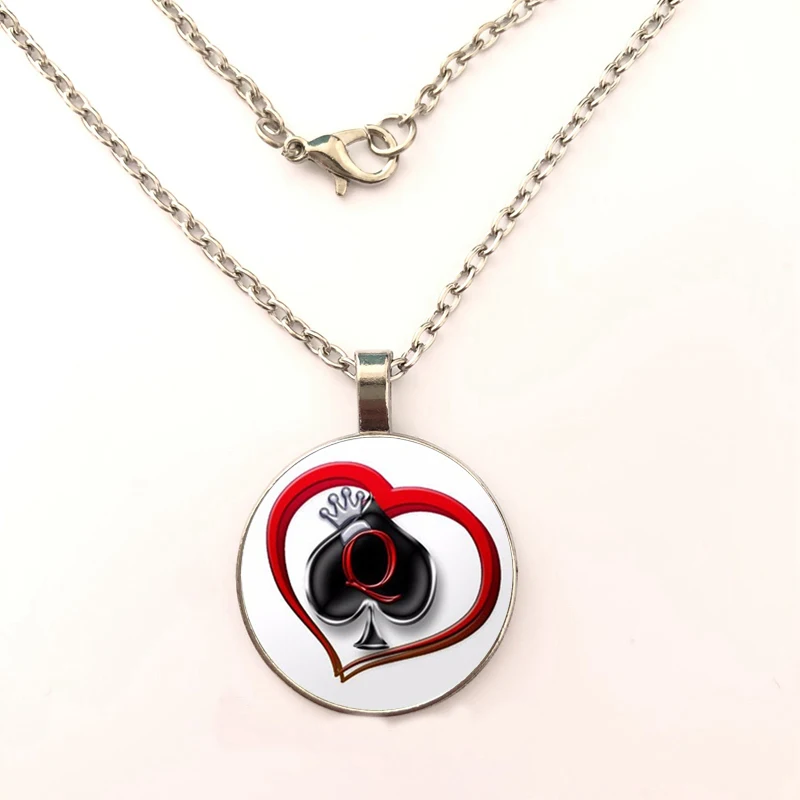 

New DIY Poker Necklace Spades Q Heart Club statement Necklace Handmade Glass Cabochon Jewelry Wholesale pendant necklace