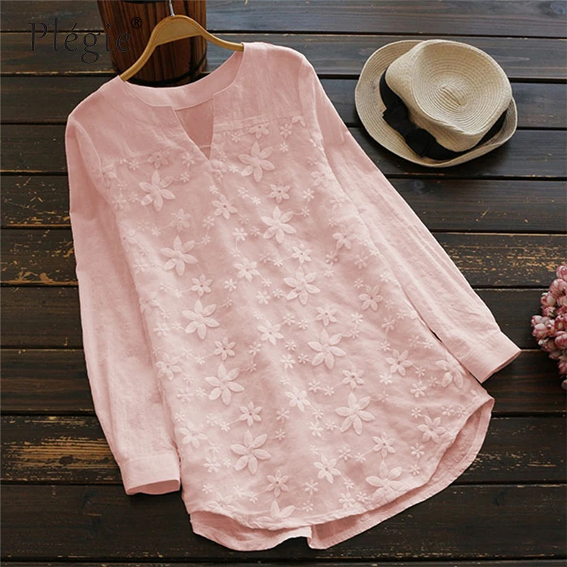 Plegie кружевная рубашка с вышивкой Blusas Mujer De Moda 2018 v вырезом и длинным рукавом
