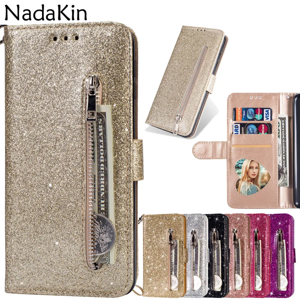 

Bling Glitter Zipper Wallet Book Case for Samsung Galaxy A10 M10 A20 A30 A50 A70 M20 M30 Leather Flip Purse Phone Shell Strap