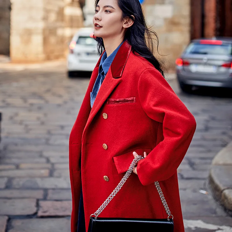 Couleur Style Rue Lâche Européen Manteau Hiver Longue Nouveau De Mélanges Poches Rouge Chic Red Laine La 7501 Et Américain Femmes Haute n5qBIx