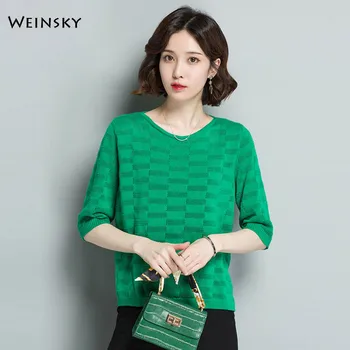 

Casual Style Women Thin Knitted Sweater And Pullovers Three Quarter Sleeve Ladies Fashion Sweaters Female Autumn And Summer 2019