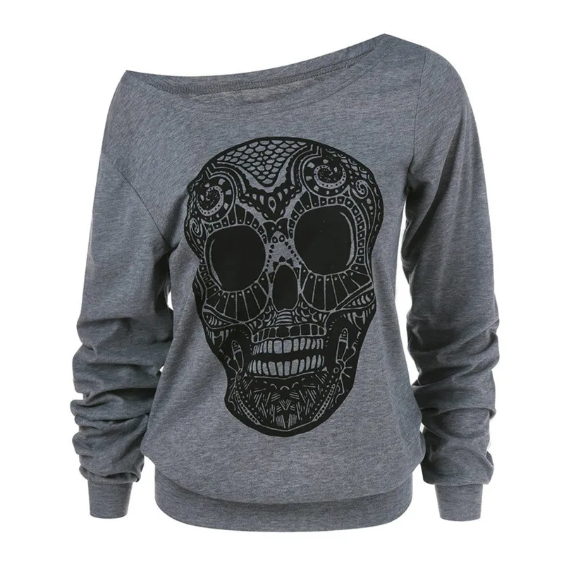 New Women Sweatshirt Autumn Plus Size Long SleeveHalloween Skull Print Skew Collar Plus Size Sweatshirt Blouse Top Outwear #4F05 (6)