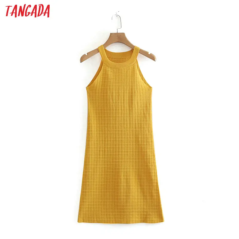 

Tangada women yellow knitted halter dresses summer fashion 2019 stretchy sexy ladies knit mini dress vestidos RY57