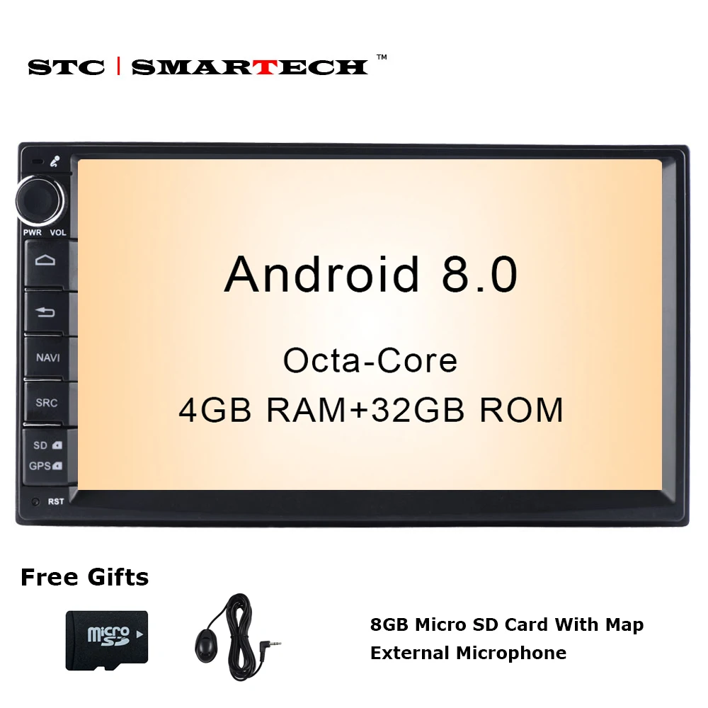 SMARTECH 2 Din Android 8.0 Car Radio GPS Navigation Autoradio System Octa Core 4GB RAM 32GB ROM Support AV Out WIFI DAB OBD DVR