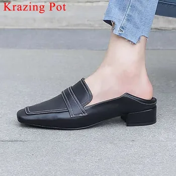 

Krazing Pot new preppy style solid shallow woman pumps genuine leather high quality party slip on square toe low heels shoes L11