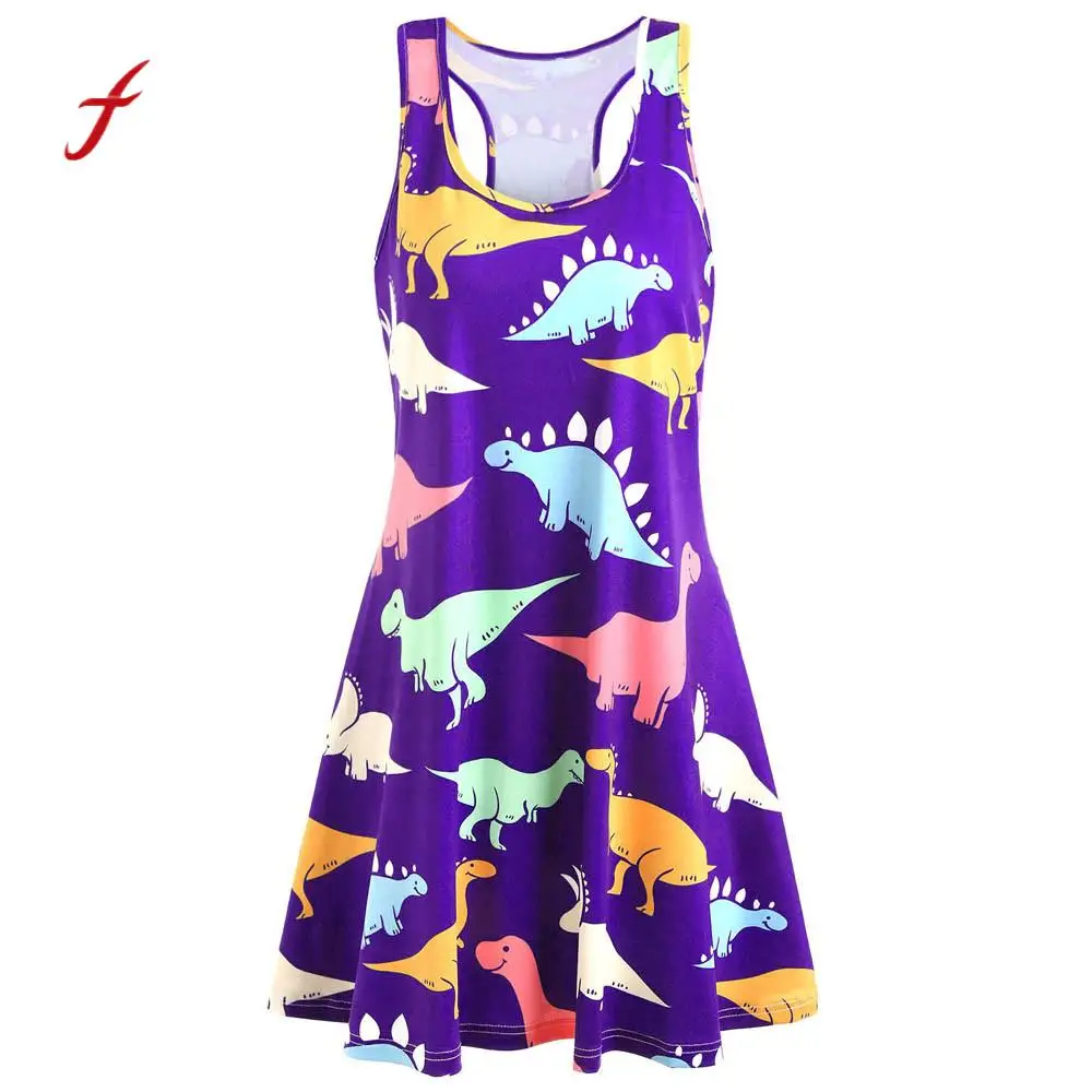 

women dress 2019 new arrival casual Sleeveless Beach Holiday Dress Printed Dinosaur Tunic Tank Slim soft touch dresses summer