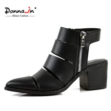 Donna-in 2016 summer new styles cut-outs cow leather sandal boots pointed big heel ladies shoes