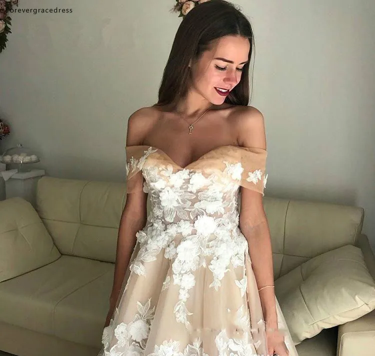 Romantic A Line Champagne Wedding Dresses Elegant Off Shoulder Backless Applique Tulle Long Bridal Gowns Lace-up Back BC1061  163 (8)