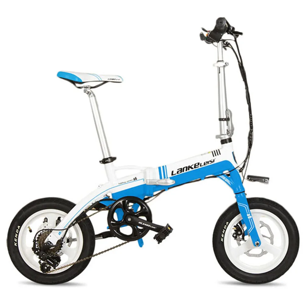 Perfect Lankeleisi A6 Folding Electric Bicycle 7 Speeds 14 inch 240Watt 36V Disc Brakes(white blue) 0