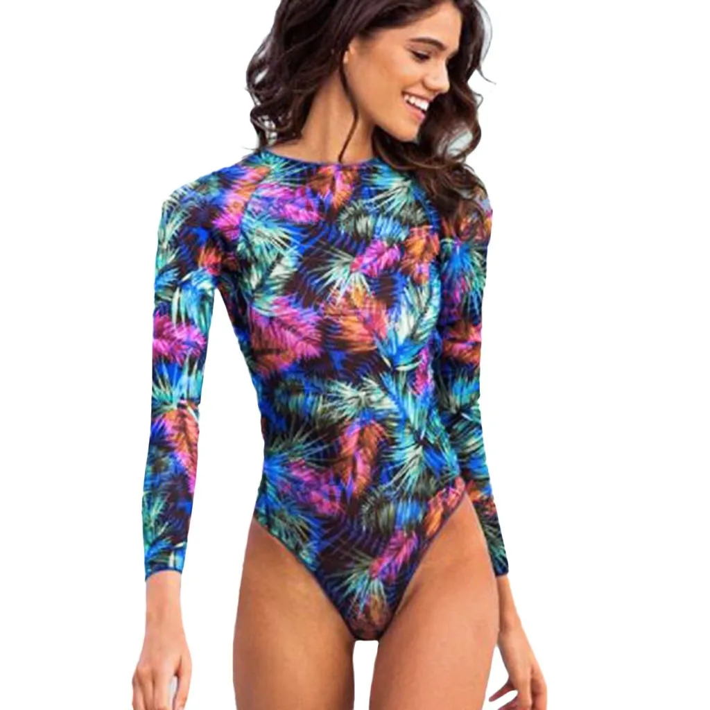 

woman swimsuit swimwear female swimsuits padded Surf Beach Leaf Long Sleeve Swimwear Beachwear Siamese Swimsuit #XTN