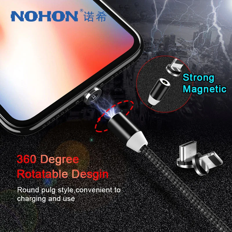 NOHON светодиодный кабель для быстрой зарядки на магните, 8-контактный Micro usb type C для iPhone X 7 8 6 Xiaomi 4 3 в 1, магнитные кабели для зарядки