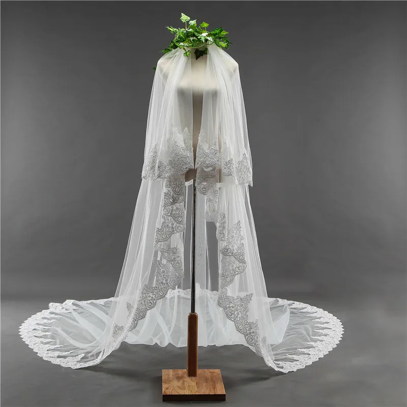 Шикарное одно платье фата для невест собор кружевная Фата с Cmb модные верхний край декорирован кружевом элегантный Вуаль де-Мари ZV001
