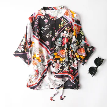 

New Europe United States draw string printed silk shirt sleeve cardigan is prevented bask in clothes