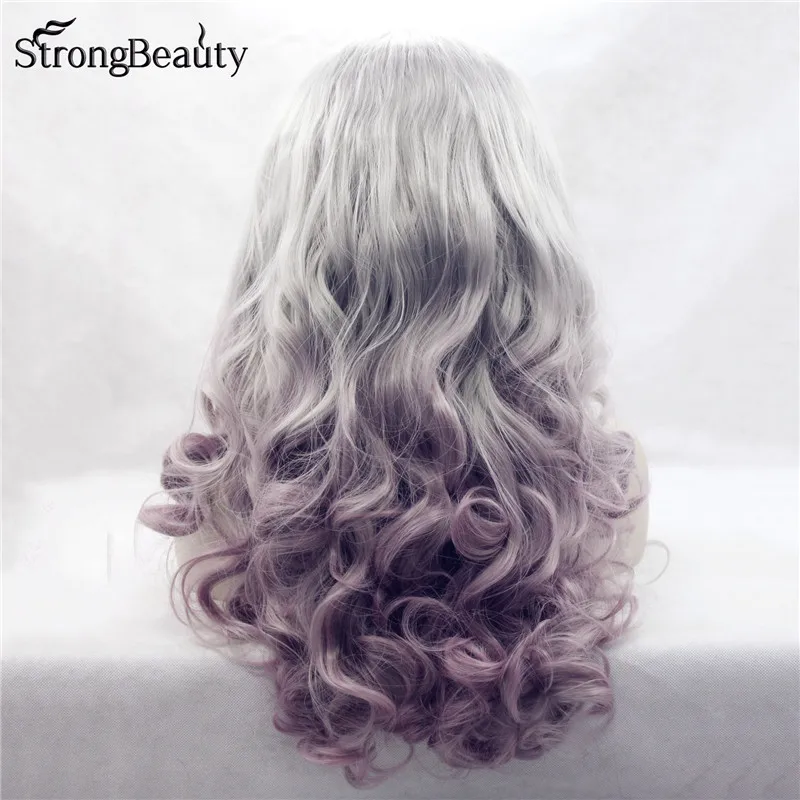 Strongbeauty длинный кудрявый серый парик Синтетический Ombre серебристый розовый/фиолетовый парик на кружеве два тона