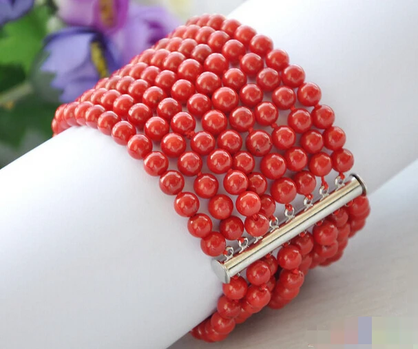 

08692 8row round red coral bead bracelet magnet