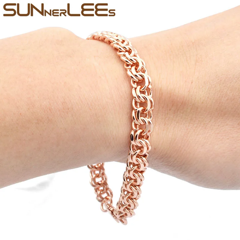SUNNERLEES модные ювелирные изделия розовое золото цвет ожерелье браслет набор 7 мм двойной Rolo звено цепи для мужчин женщин подарок C16 S