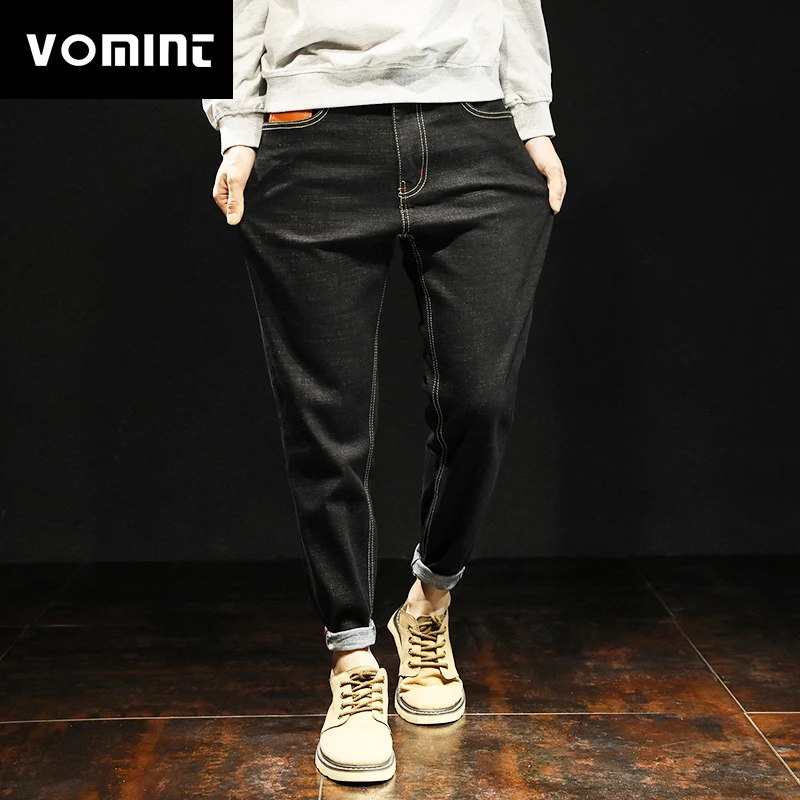 

Vomint 2019 New Mens Jeans Leather stitching Pockets Details Skinny Slim Halen Pants Wash Distressed Jeans for Male HLK5135