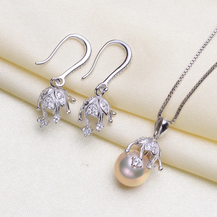 

S925 Sterling Silver Pearl Earrings Holder+Pearl Pendant Findings 2Pieces Jewelry Set Components