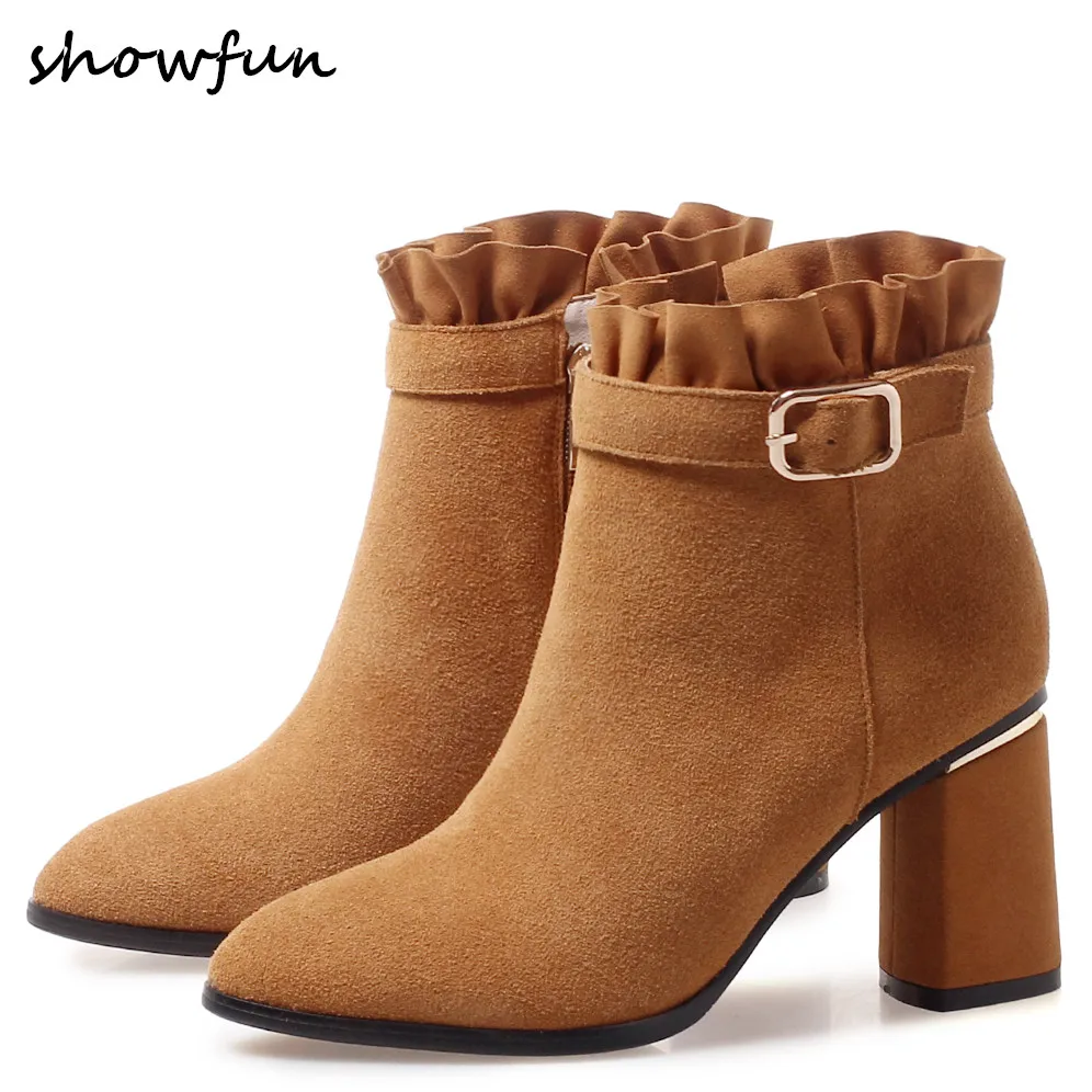 

Plus Size 34-42 Women's Genuine Suede Leather Autumn Ankle Boots Thick High Heel Comfortabler Short Booties Shoes for Women Sale