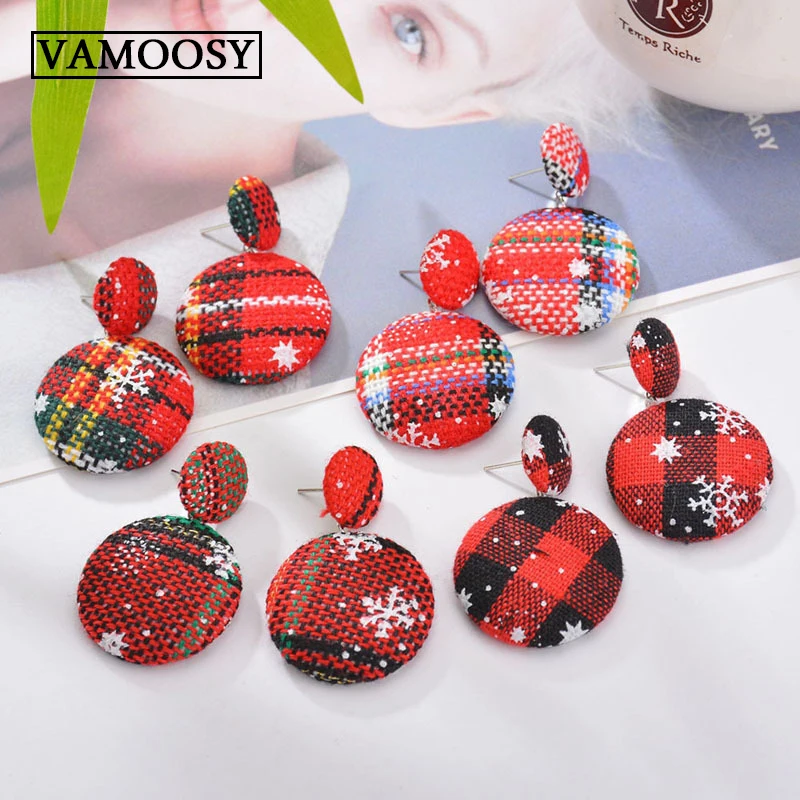 

Happiness Red Houndstooth Plaid Velvet Fabric Round Big Circle Long Earrings for Women Distorted Cloth Jewelry 2019 Festive Gift