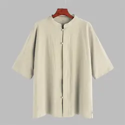 Для мужчин китайские рубашки платье свободная посадка хлопок Половина рукава стенд воротник внутренний дизайн кнопки Повседневное