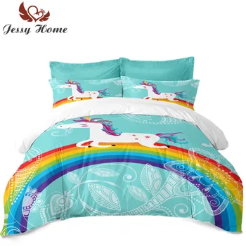 

Cartoon 3/4Pcs Bedding Set Rainbow Duvet Cover Twin Full Flat Sheet with Two Pillowcases Customize Horse Bed Cover