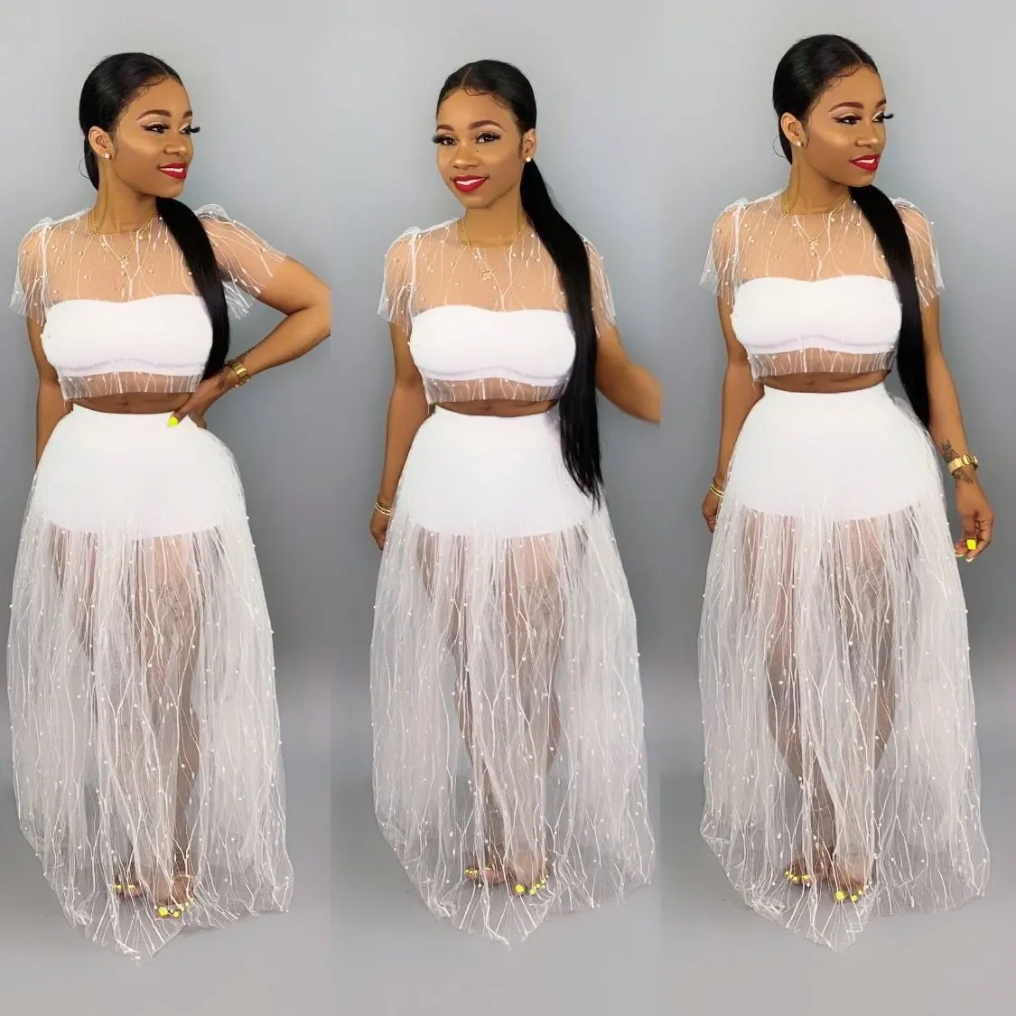 

Casual Transparent Beaded Sheer Two Piece Set Sexy Crop Top Mesh Skirt Women's Suit Summer Beach Outfit 2019 New