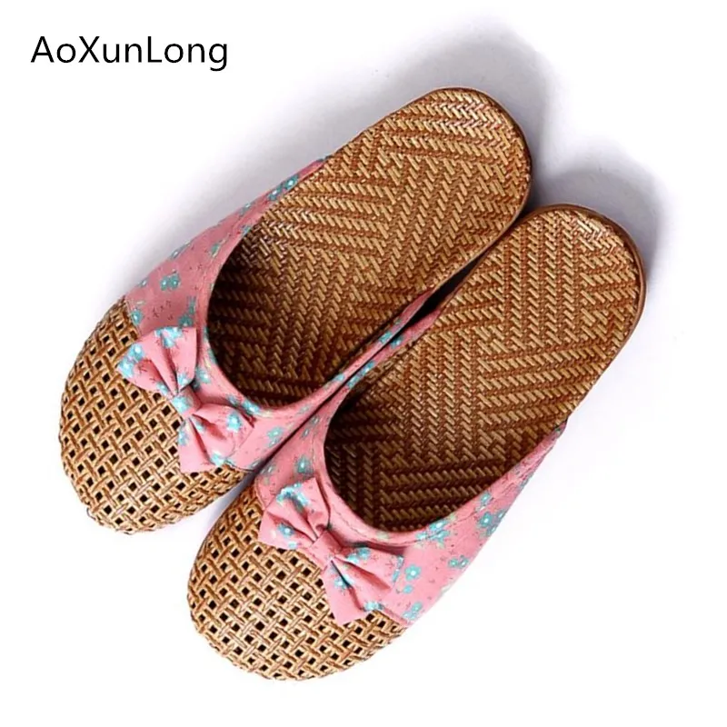 

AoXunLong Women Summer Home Slippers Cane Woven Indoor Slippers Women Non-Slip Bow House Slippers EU 35-40 Indoor Slides Hot Big
